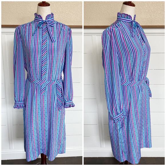 VTG Purple Rainbow Schrader Sport Petites Stripe Dress - Picture 1 of 13